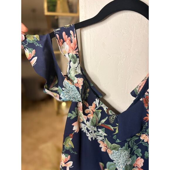 Oasis Fitzwilliam Museum Bird Butterfly Botanical Frill Cold Shoulder Midi Dress - Picture 3 of 7